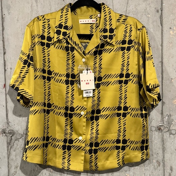 MARNI Uniqlo Women’s XS Mustard Oversized Open Collar Short-Sleeve Crop Shirt - Picture 1 of 8